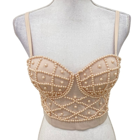 Pearl encrusted corset bustier blush nude like new size medium - Picture 2 of 9